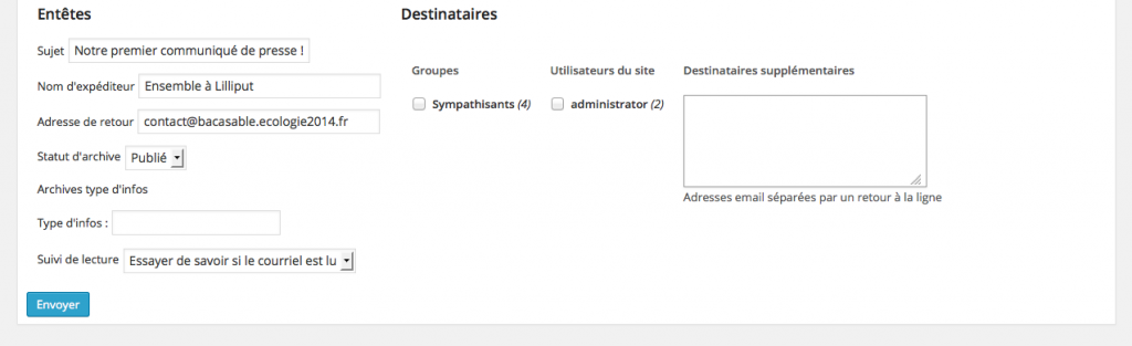 Les options d'envoi de la lettre d'info en cours. 